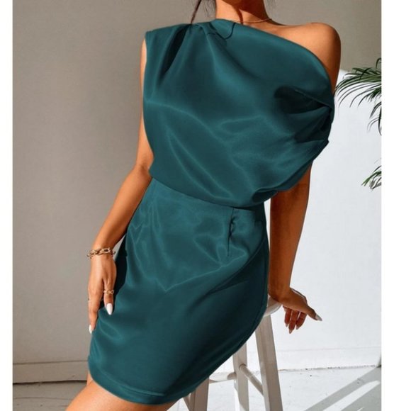 Satin Asymmetrical NeckLine Mini Dress- teal - Picture 2 of 6